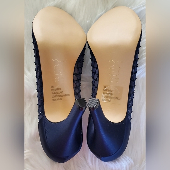 Nina Fanya Satin Navy Peep-Toe Heels With Mesh And Rhinestone Design Size 10 - Picture 8 of 8